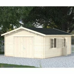 Palmako Roger 4.5m X 5.5m Extra Wide Log Cabin Single Garage (44mm) - Double Doors
