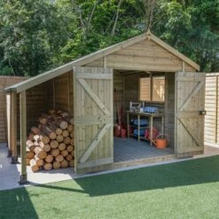 10' X 8' Forest Timberdale 25yr Guarantee Tongue & Groove Pressure Treated Double Door Apex Shed With Logstore (3.07m X 2.36m)