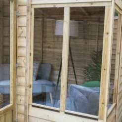 8' X 6' Forest Oakley 25yr Guarantee Double Door Pent Summer House (2.51m X 2.03m) 22 8' X 6' Forest Oakley 25yr Guarantee Double Door Pent Summer House (2.51m X 2.03m) -Garden Supplies Sales Shop close up double window 1 1