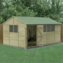 15' X 10' Forest Beckwood 25yr Guarantee Shiplap Pressure Treated Double Door Reverse Apex Wooden Shed (4.48m X 3.21m)