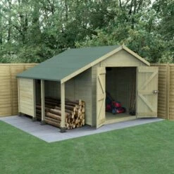 10' X 8' Forest Timberdale 25yr Guarantee Tongue & Groove Pressure Treated Windowless Double Door Apex Shed With Logstore (3.07m X 2.36m)
