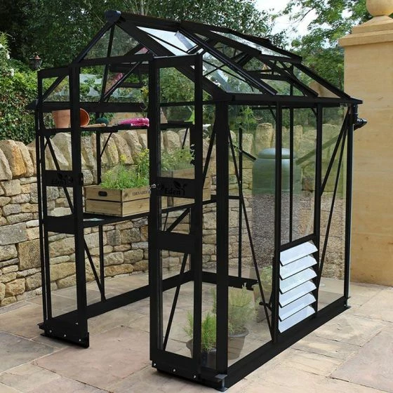 4' X 6' Halls Cotswold Birdlip Small Greenhouse In Black With Toughened Glass (1.47m X 1.94m) 3 4' X 6' Halls Cotswold Birdlip Small Greenhouse In Black With Toughened Glass (1.47m X 1.94m)
