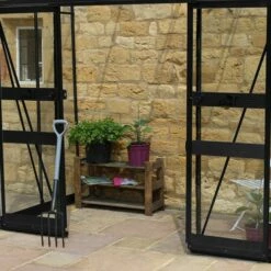 8' X 4' Halls Cotswold Broadway 84 Black Lean-To Greenhouse (2.56m X 1.32m) 10 8' X 4' Halls Cotswold Broadway 84 Black Lean-To Greenhouse (2.56m X 1.32m) -Garden Supplies Sales Shop v01706 8x4 halls cotswold broadway 84 lean to greenhouse black close up1 min 1