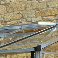 12' X 6' Halls Cotswold Broadway 126 Silver Lean-To Greenhouse (3.76m X 1.93m) 11 12' X 6' Halls Cotswold Broadway 126 Silver Lean-To Greenhouse (3.76m X 1.93m) -Garden Supplies Sales Shop v01714 12x6 halls cotswold broadway lean to greenhouse silver close up2 min