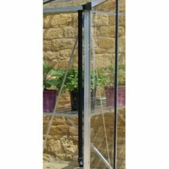 12' X 6' Halls Cotswold Broadway 126 Silver Lean-To Greenhouse (3.76m X 1.93m) 12 12' X 6' Halls Cotswold Broadway 126 Silver Lean-To Greenhouse (3.76m X 1.93m) -Garden Supplies Sales Shop v01714 12x6 halls cotswold broadway lean to greenhouse silver close up3 min